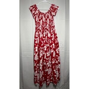 Indocraft Maxi Dress OS Red Floral Smocked Tropical Hibiscus Rayon